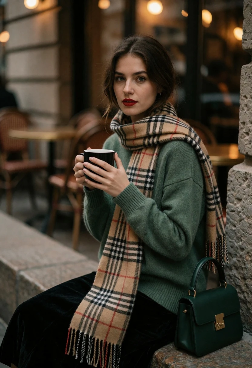 Young woman sitting outdoors holding mug near cafe tables with soft lighting - AI generated image prompt sample