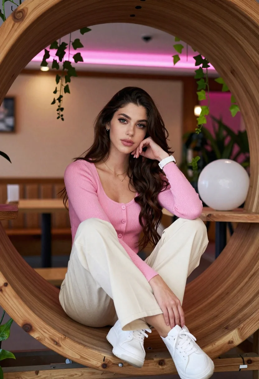 Young woman in pink cardigan sitting inside large wooden circular frame - AI generated image prompt sample
