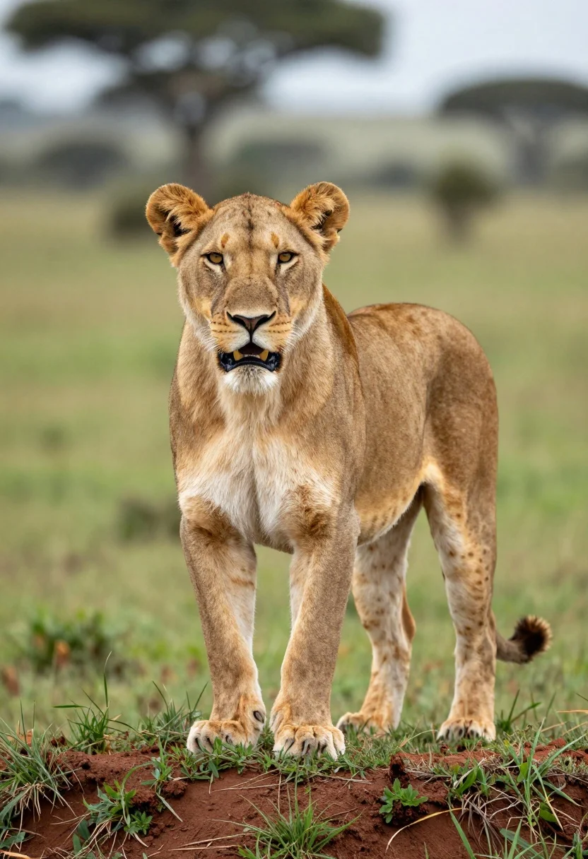 Majestic lioness standing alert on a grassy mound in savanna habitat - AI generated image prompt sample