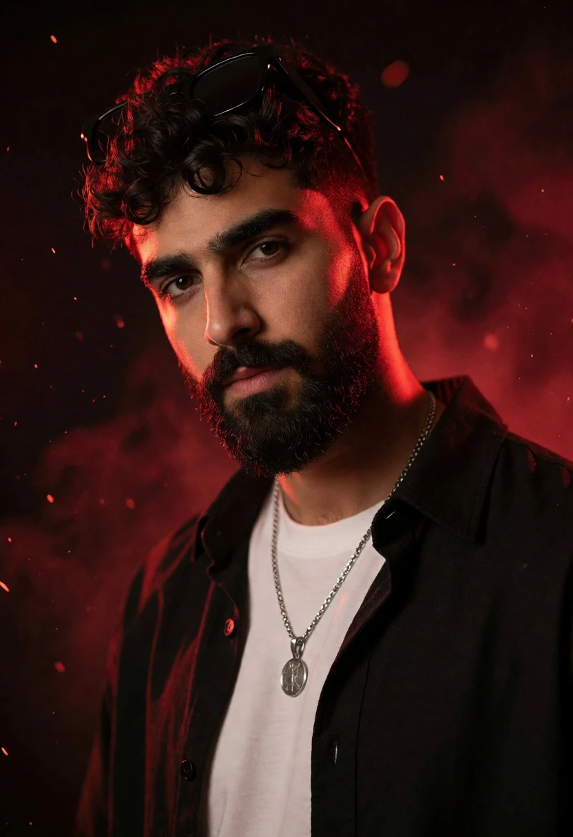 Medium close up portrait of man with beard under red ambient light - AI generated image prompt sample