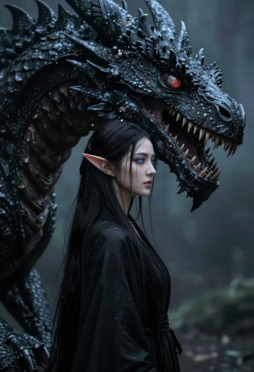 Elfin woman beside colossal obsidian dragon in misty forest