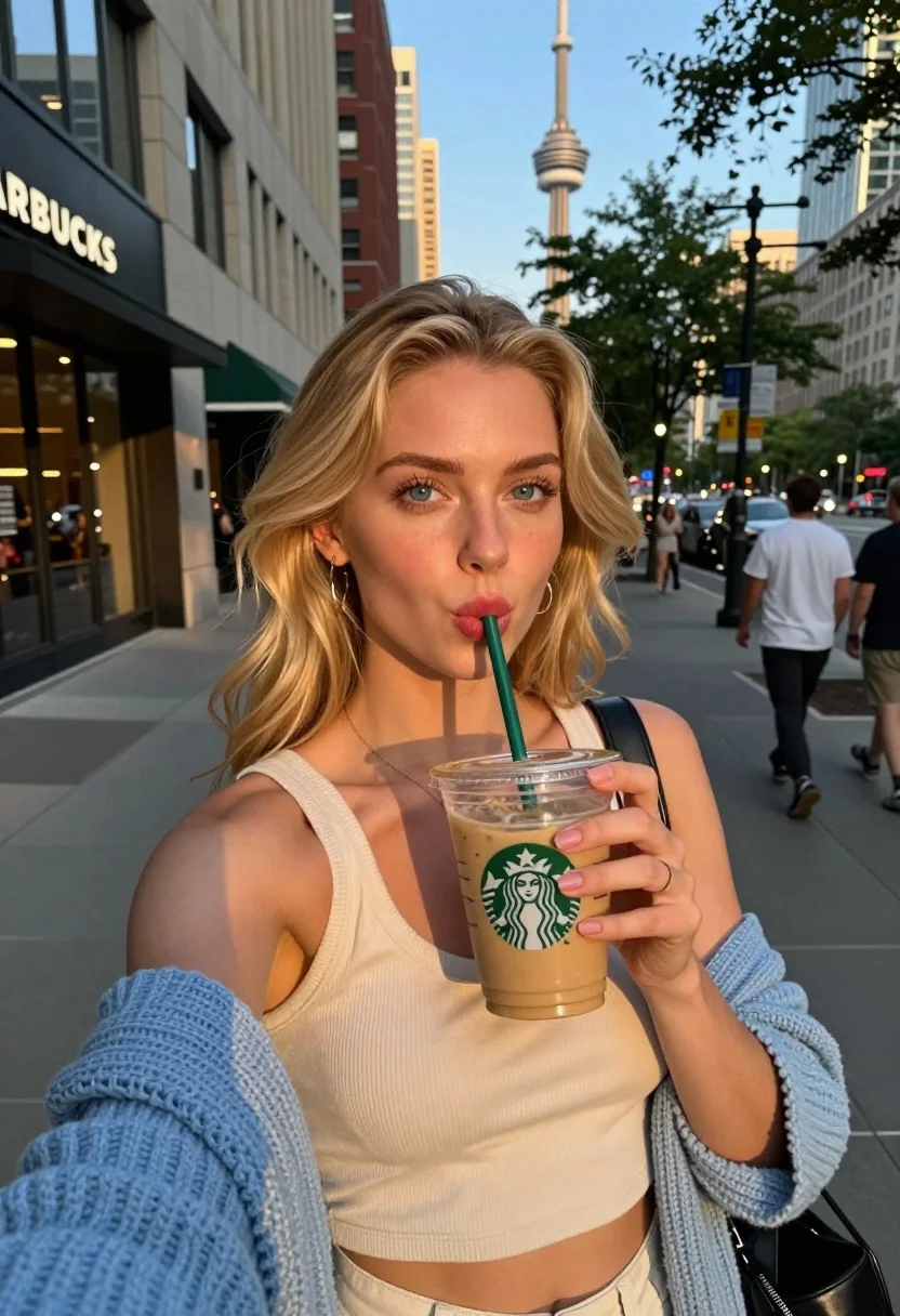 Blonde woman taking selfie with coffee on city street at sunset - AI generated image prompt sample