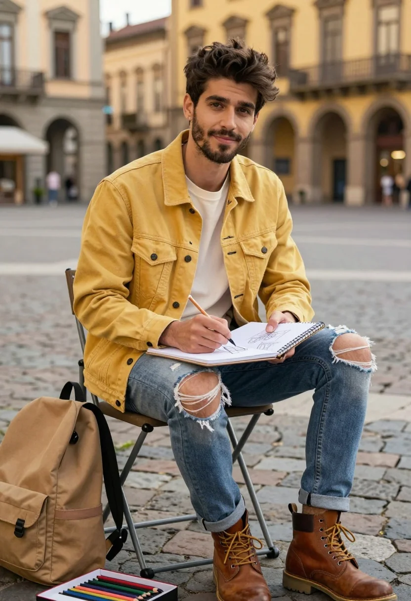 Young man sketching in european plaza wearing denim jacket and jeans - AI generated image prompt sample