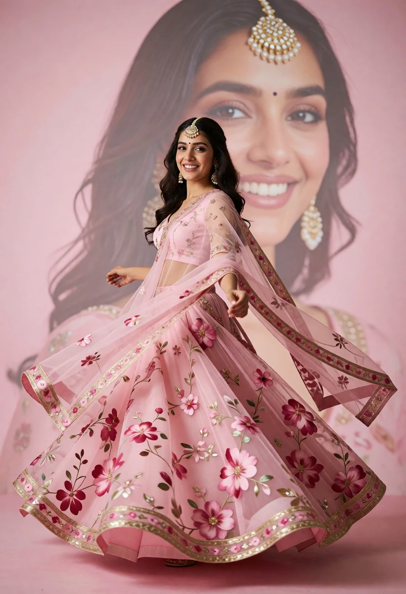 Woman spinning in pink floral lehenga against soft portrait backdrop - AI generated image prompt sample