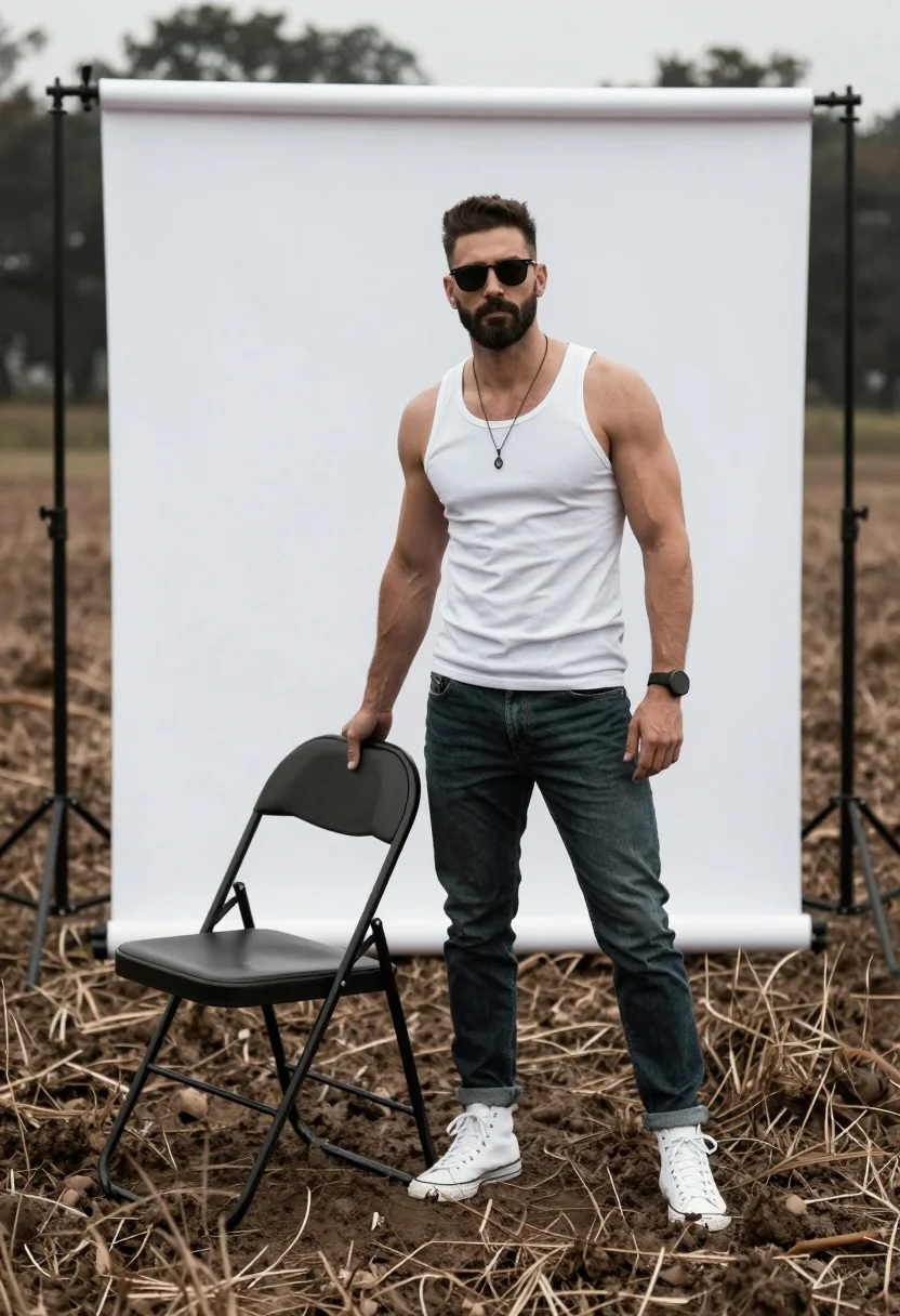 Muscular bearded man in white tank top holding chair in muddy field - AI generated image prompt sample