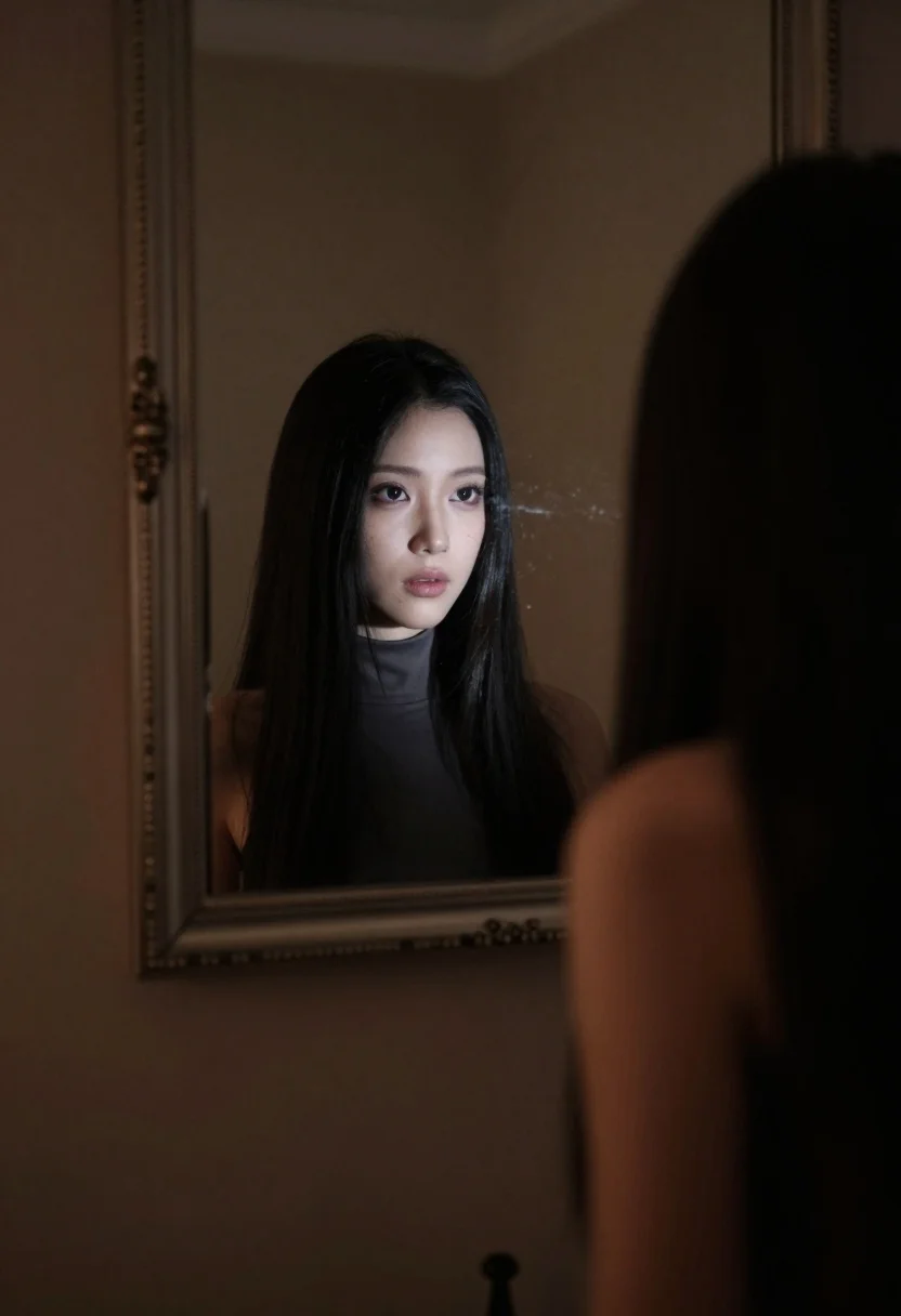 Woman gazing at reflection in ornate mirror