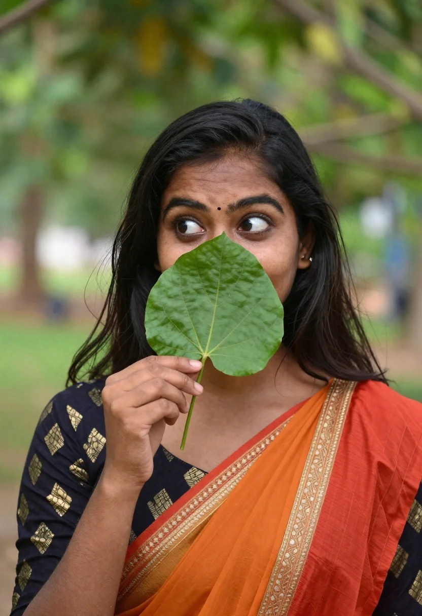 Young woman holding green leaf in lush garden setting portrait