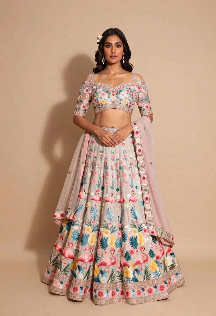 Full body portrait of young woman in embroidered pastel lehenga choli