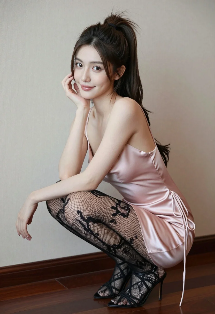 Photorealistic portrait of woman in pink slip dress crouching indoors - AI generated image prompt sample