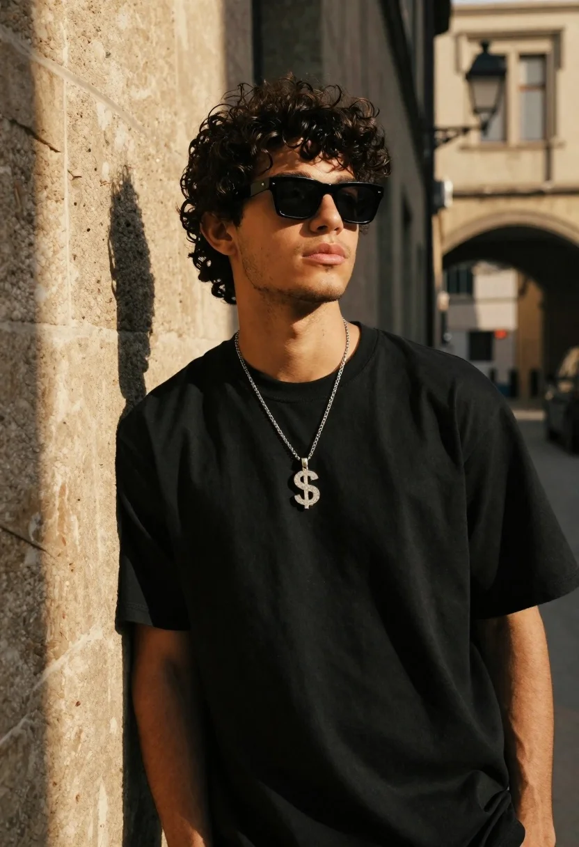 Young man in black tshirt leaning against stone wall in alleyway - AI generated image prompt sample