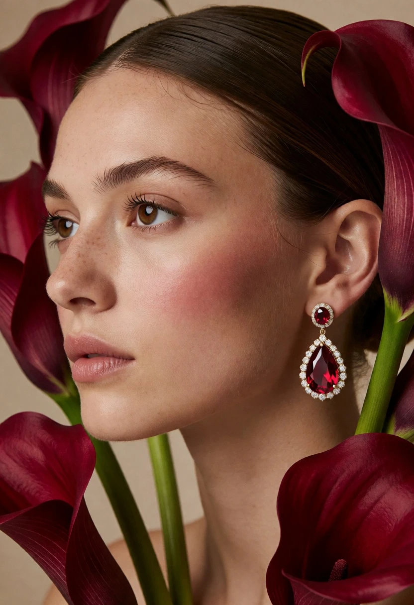 Close up profile portrait of woman framed by vibrant red calla lilies - AI generated image prompt sample