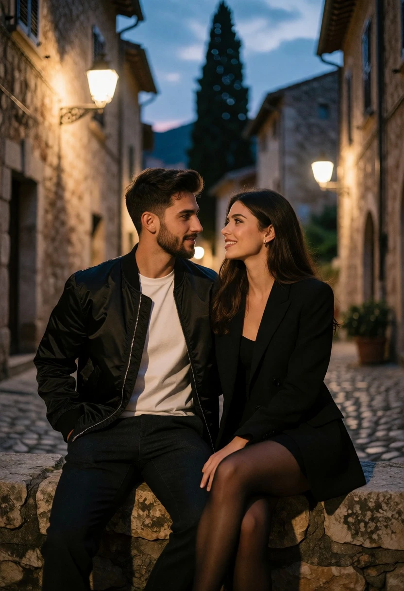 Romantic portrait of couple on stone ledge in narrow cobblestone alleyway at - AI generated image prompt sample