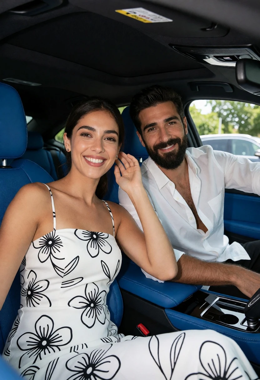 Smiling couple in modern car seats with blue leather interior view - AI generated image prompt sample