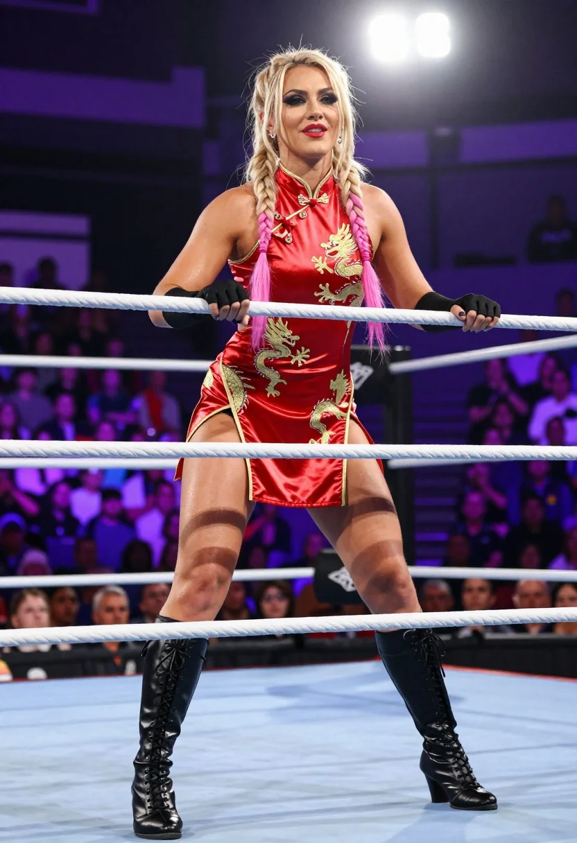 Blonde wrestler in red satin dress posing confidently inside wrestling ring - AI generated image prompt sample