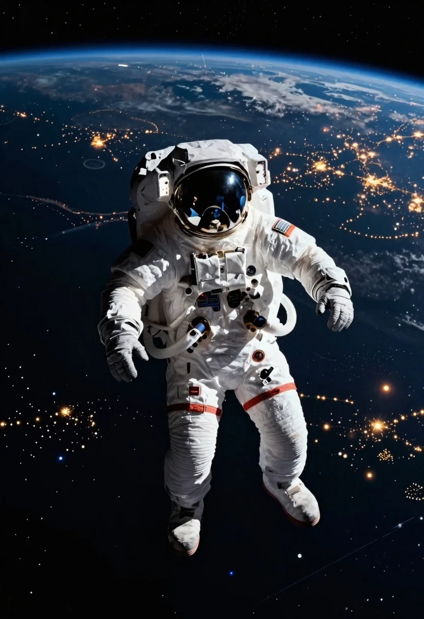 Astronaut floating in space above glowing earth