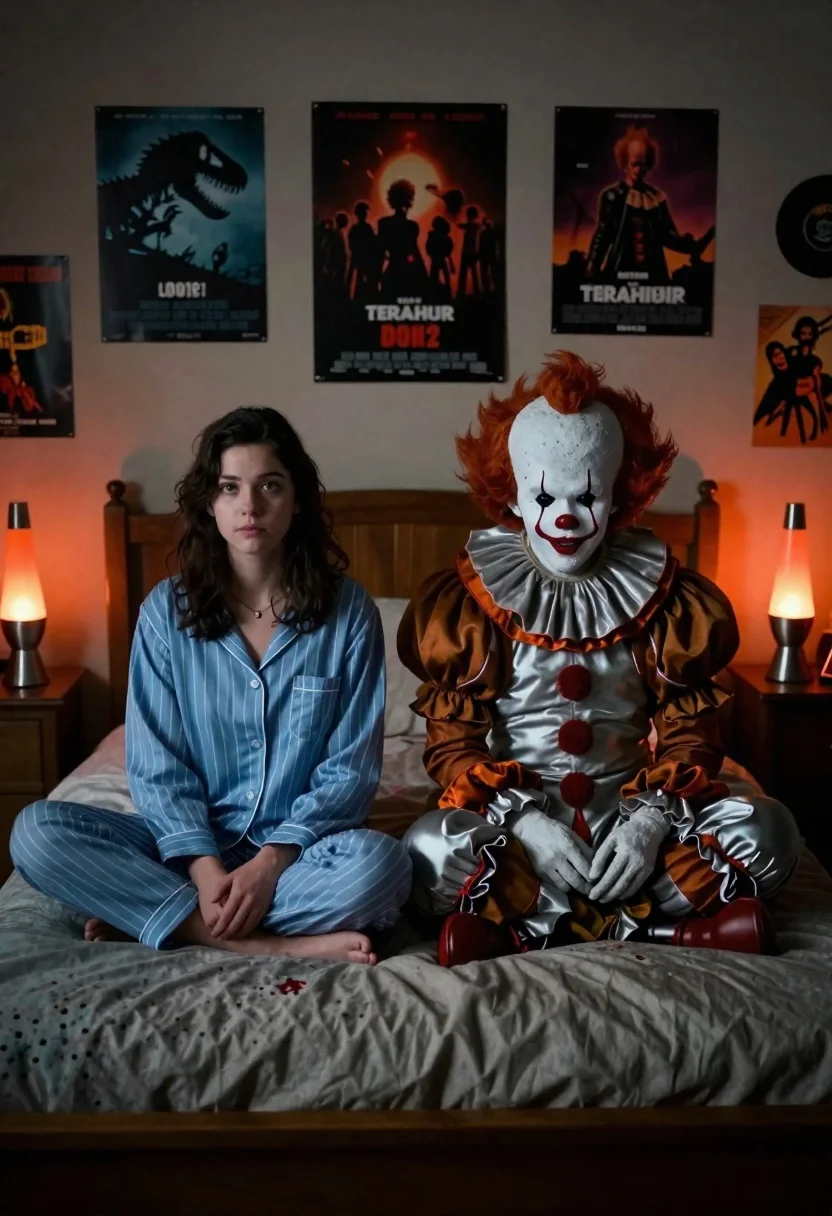 Woman and clown sitting on bed in dimly lit bedroom - AI generated image prompt sample