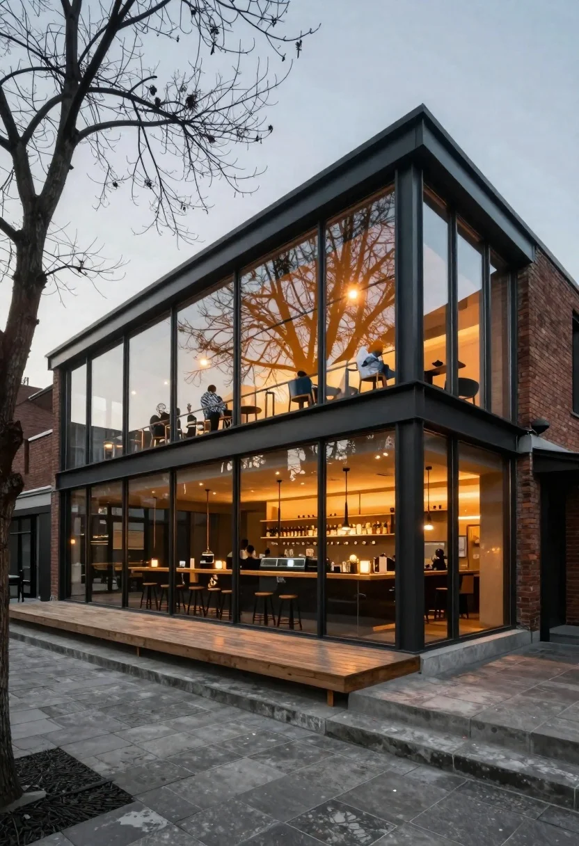 Modern building facade with glass brick and courtyard