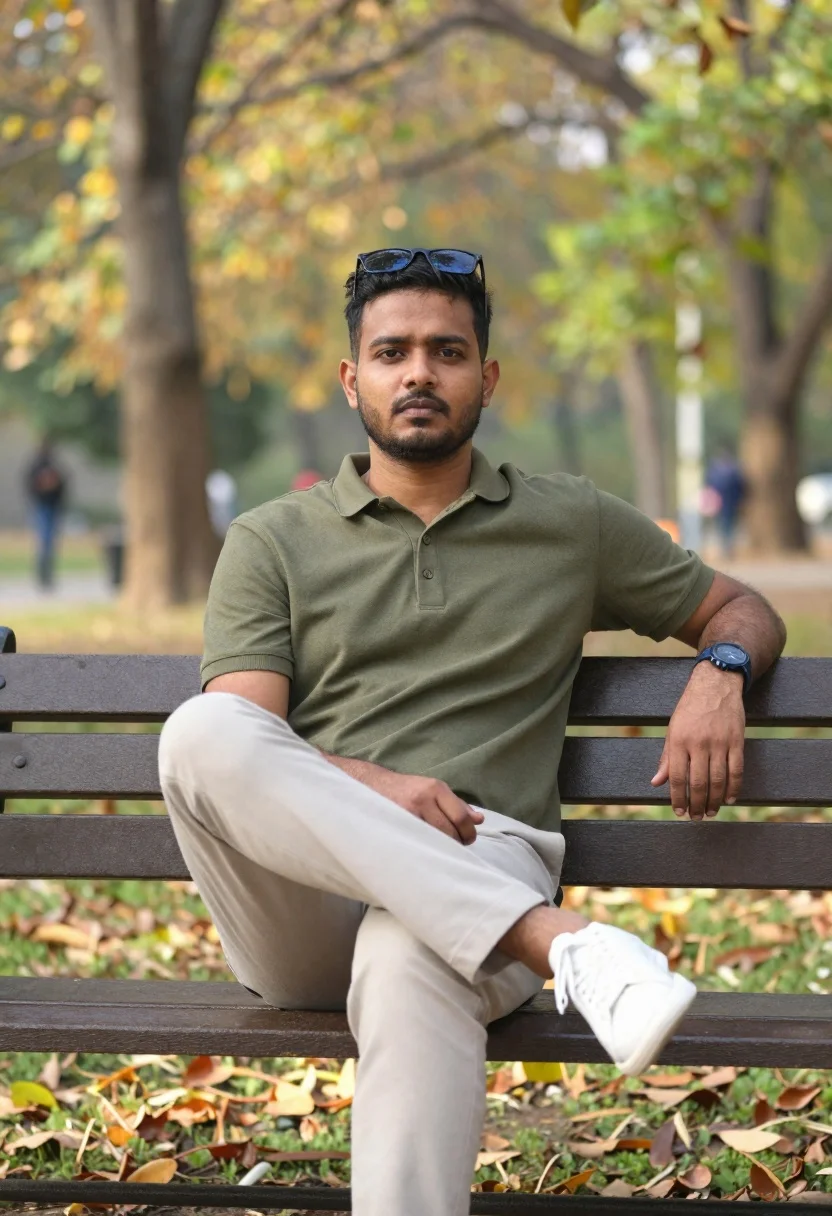 South asian man on park bench with autumn background