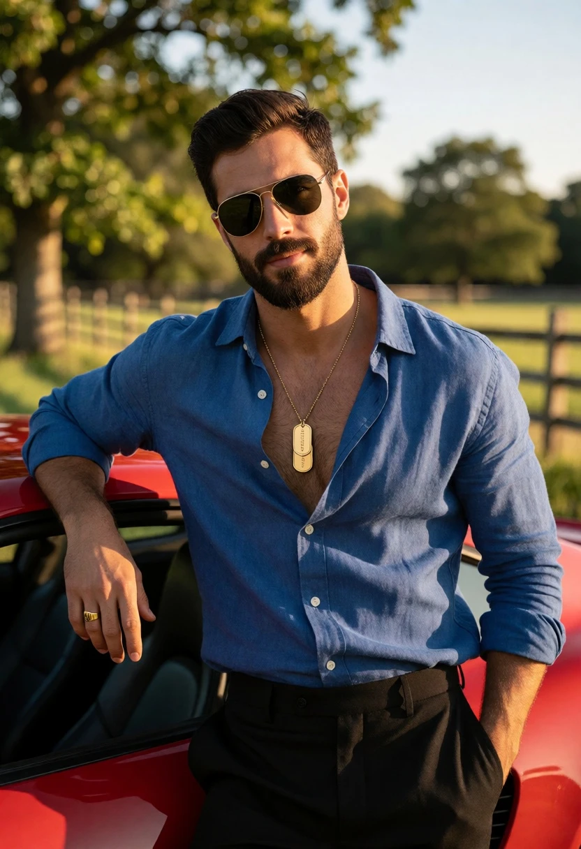 Handsome man leaning against red sports car in park at golden hour - AI generated image prompt sample
