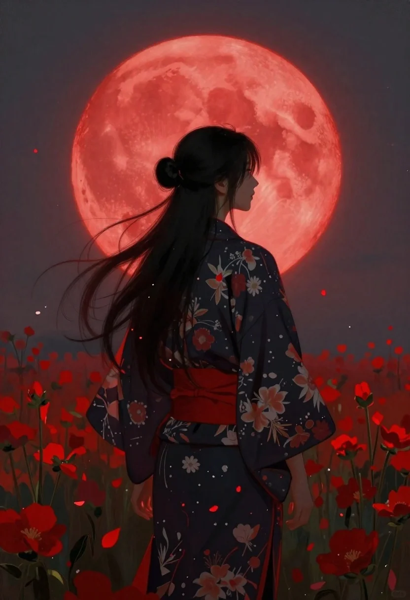 Person in kimono before a giant red moon