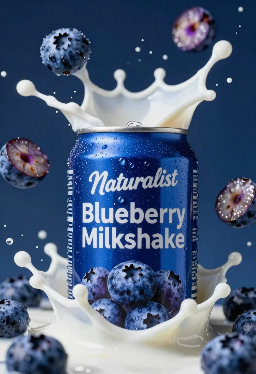 Macro shot of blue beverage can exploding with blueberries and milk - AI generated image prompt sample