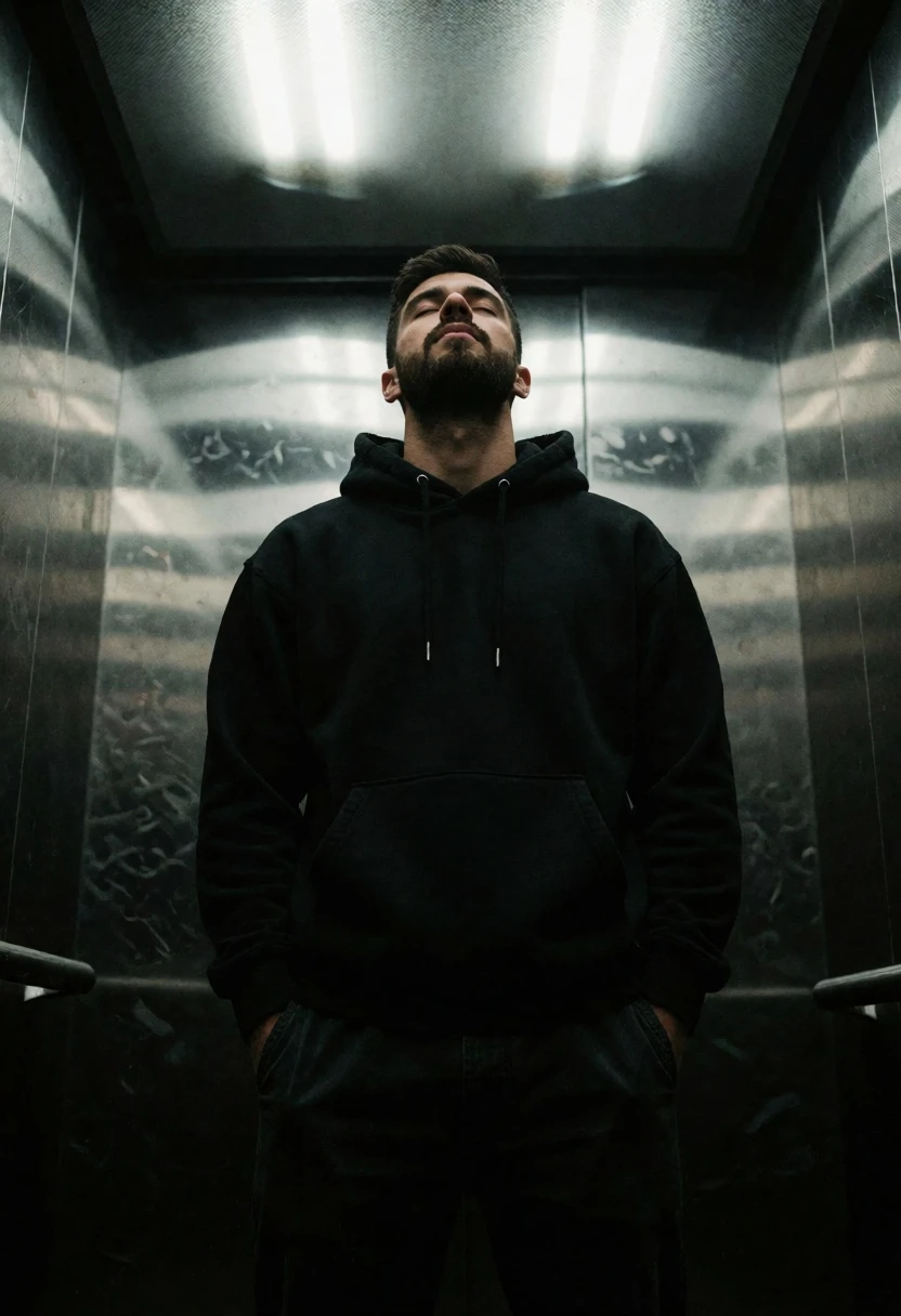 Bearded man standing alone in metallic elevator under fluorescent lights - AI generated image prompt sample