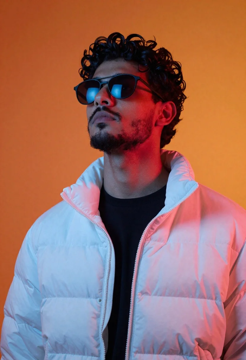 Young man looking up wearing white puffer jacket against orange backdrop - AI generated image prompt sample
