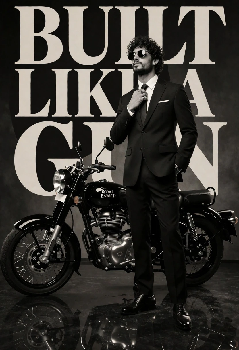 Stylish man in black suit beside royal enfield motorcycle against dark backdrop - AI generated image prompt sample