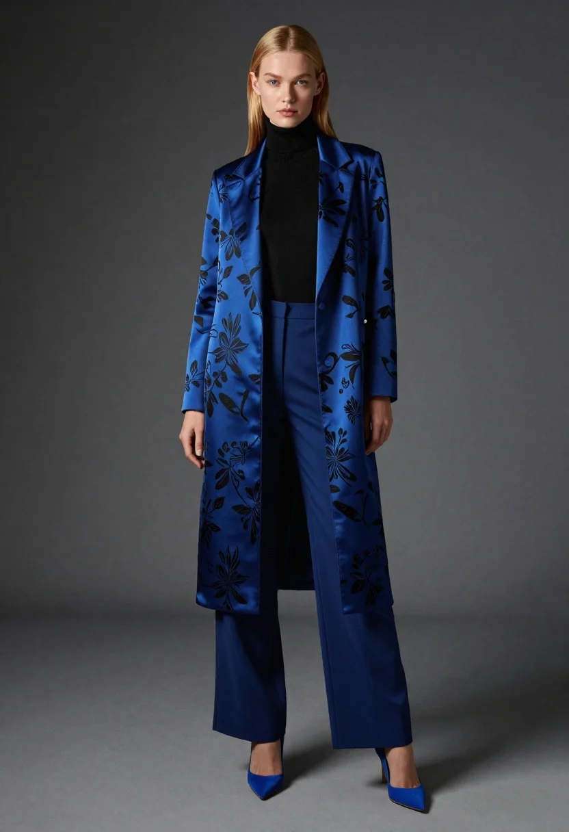 Blonde model in royal blue floral coat studio fashion shoot