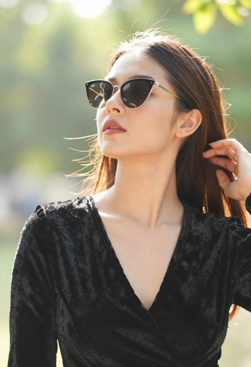 Close up portrait of woman looking upward in sunlit garden setting