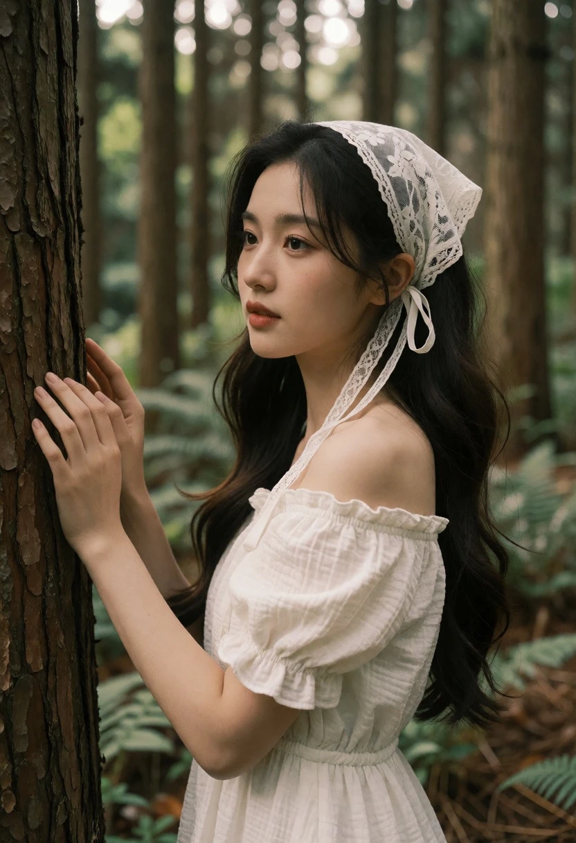 Young woman in white dress touching tree bark within a lush forest - AI generated image prompt sample