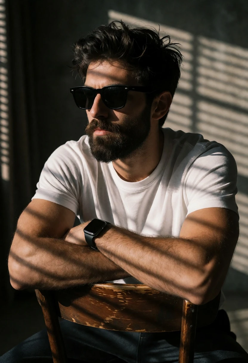 Man with beard in white tshirt seated indoors under strong directional light - AI generated image prompt sample