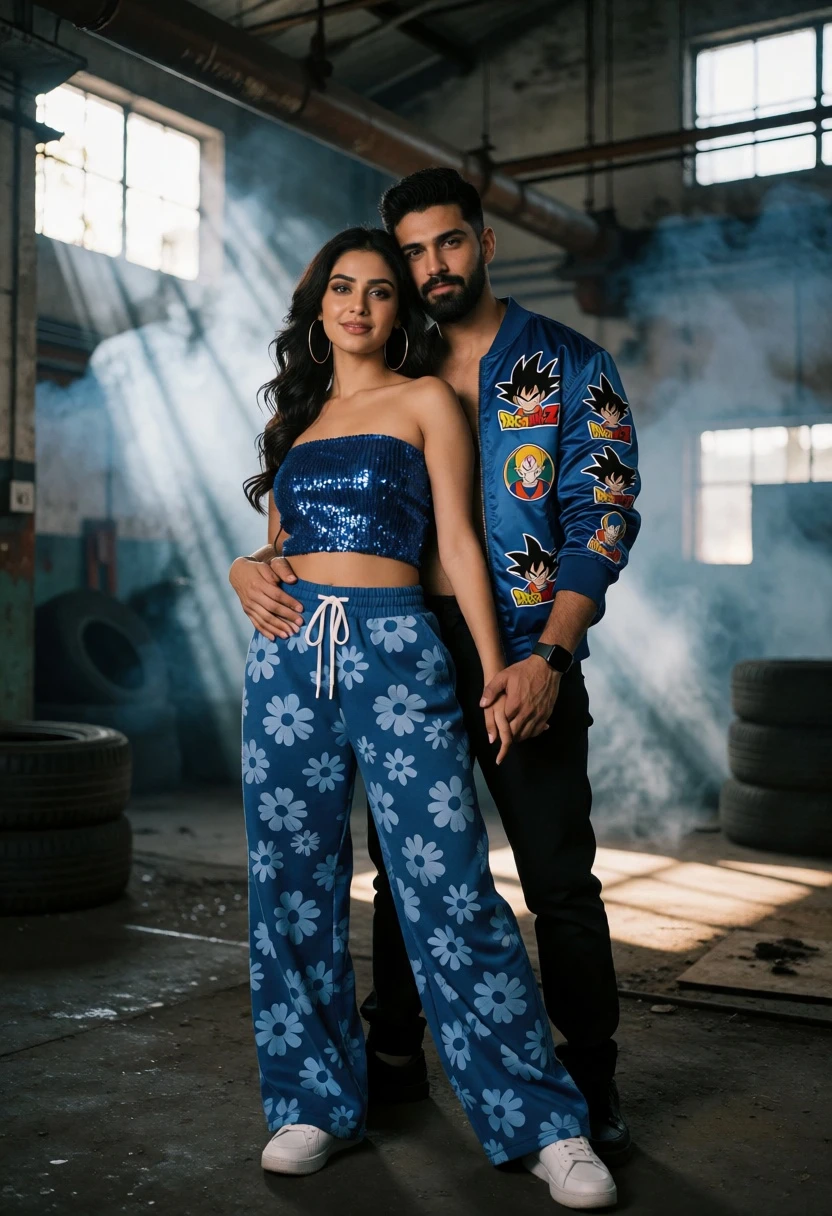Intimate couple portrait in industrial warehouse setting with dramatic lighting - AI generated image prompt sample