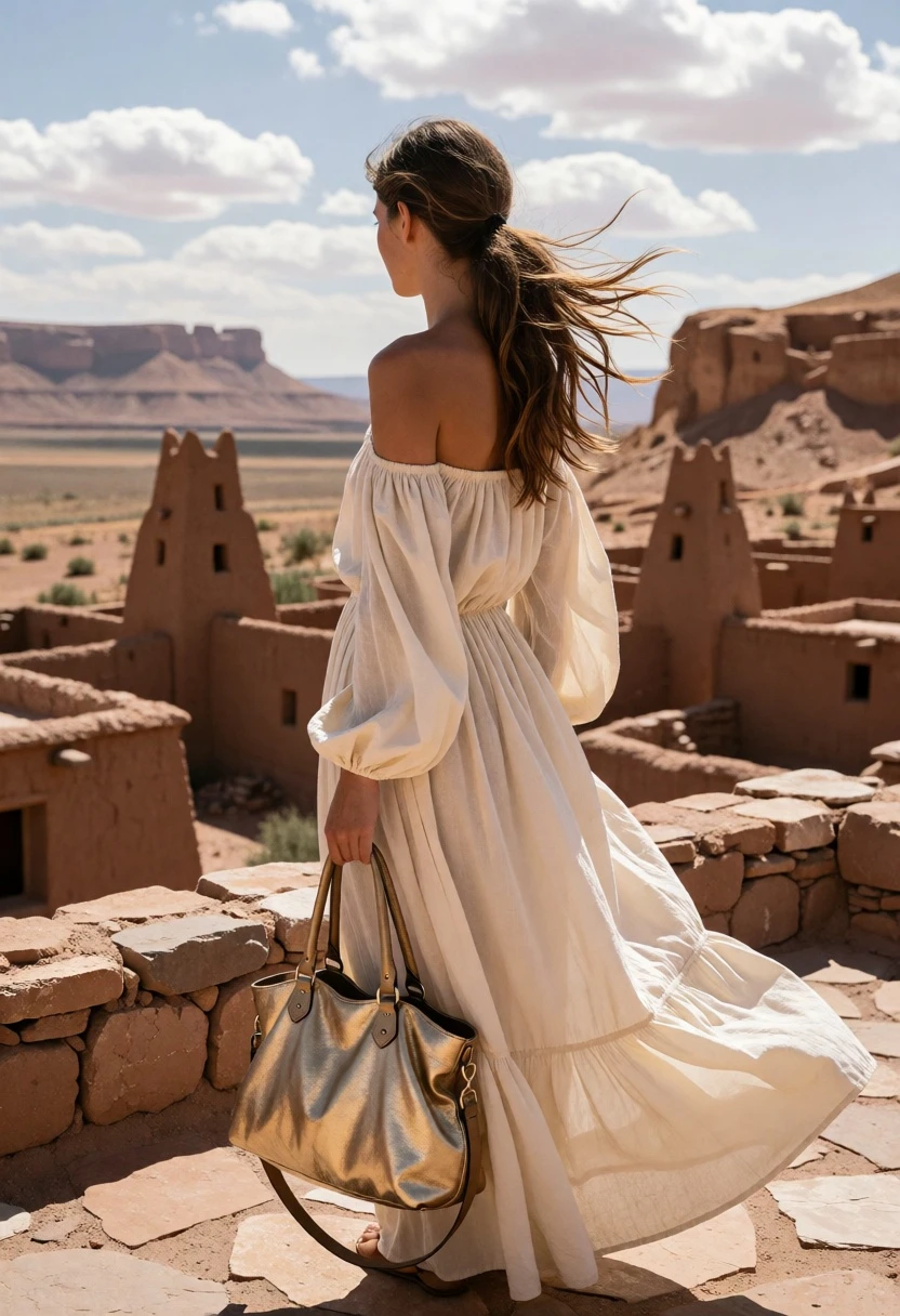 Woman viewing ancient adobe village from stone terrace in desert canyon - AI generated image prompt sample