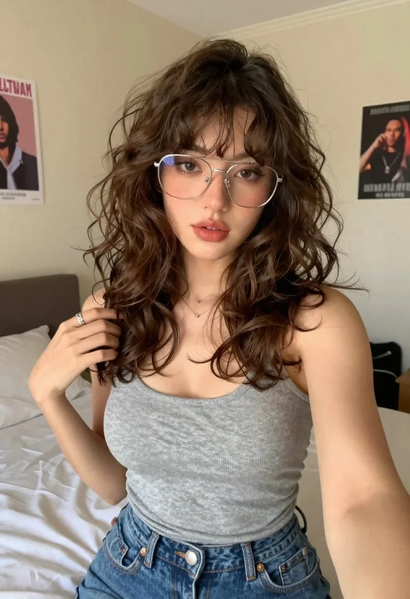 Young woman with brown hair and glasses sitting on a bed in - AI generated image prompt sample