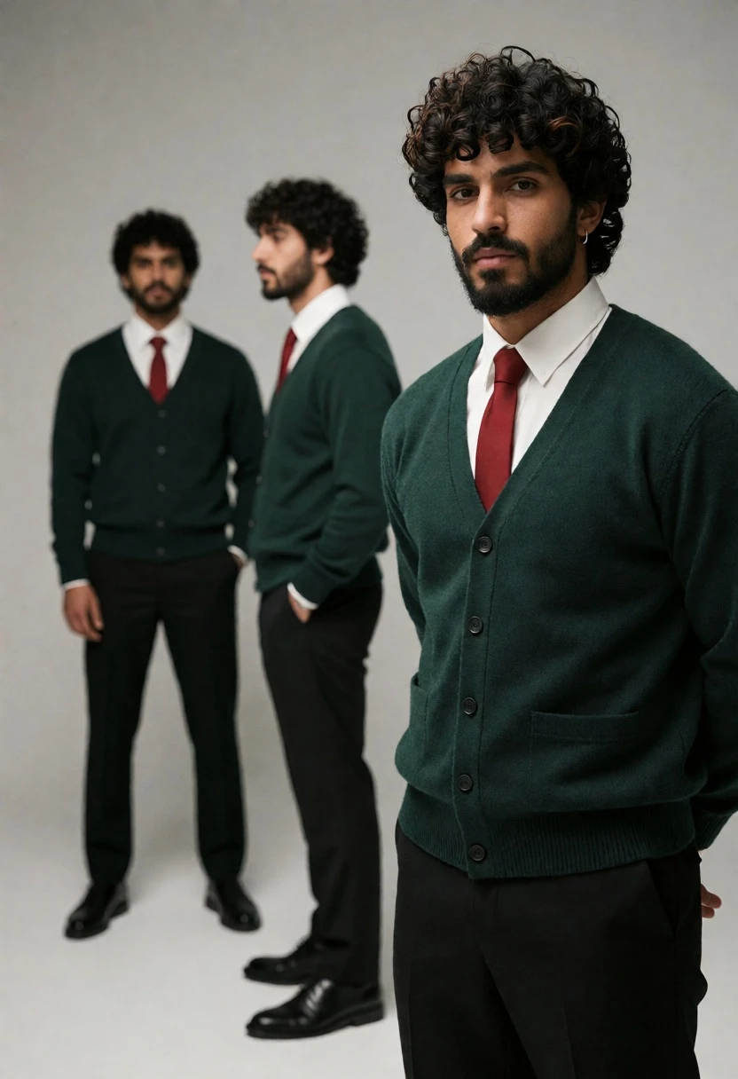 Three men in dark green cardigans against light gray studio backdrop - AI generated image prompt sample