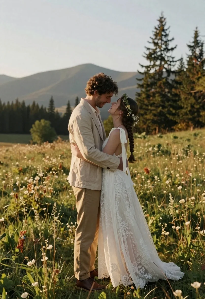 Romantic couple in white lace dress embracing in sunlit meadow - AI generated image prompt sample