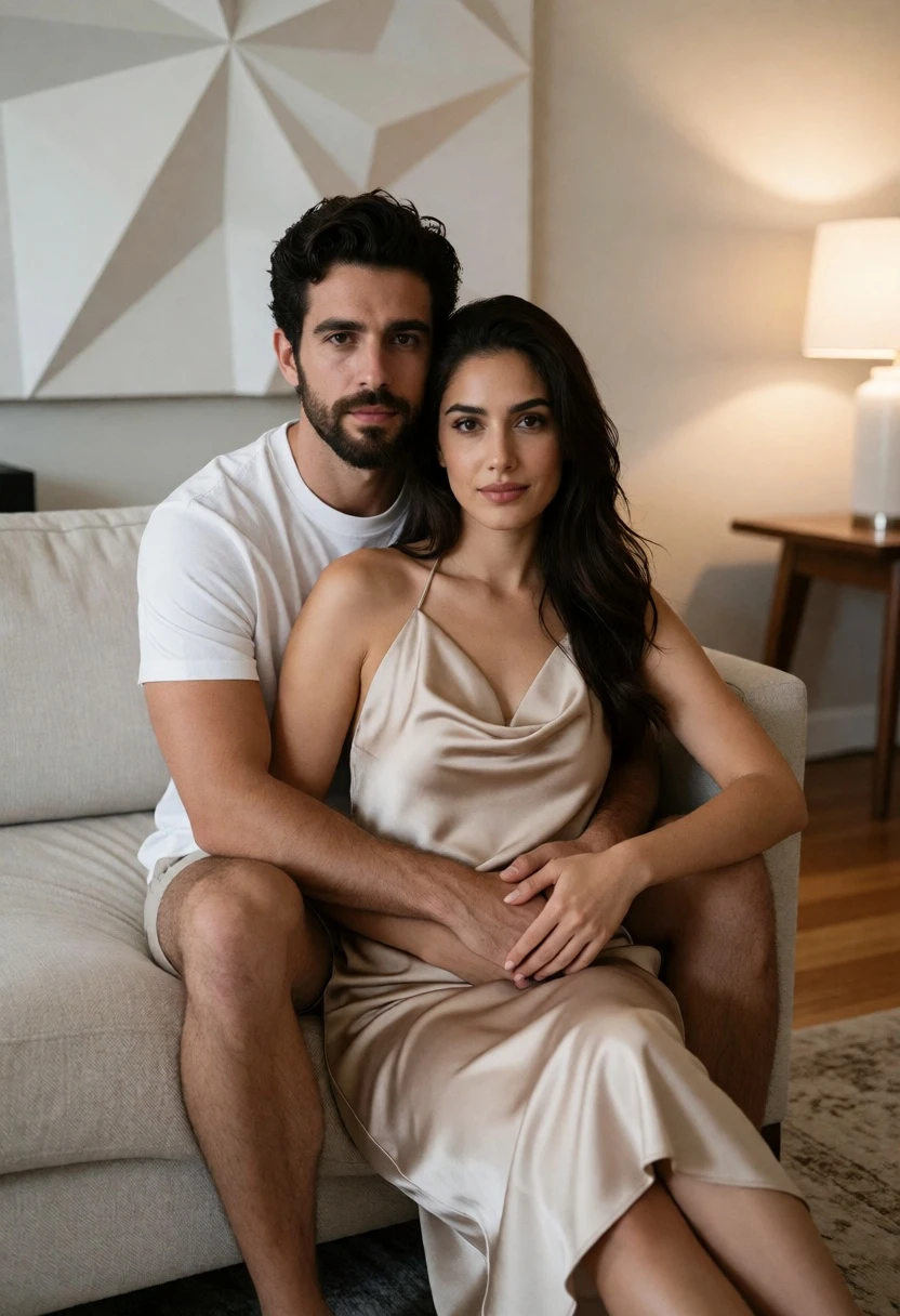 Couple embracing on beige sofa in modern living room setting - AI generated image prompt sample