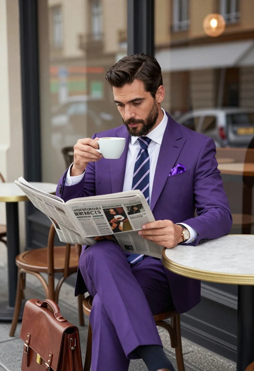 Handsome man in purple suit reading newspaper at outdoor cafe patio - AI generated image prompt sample