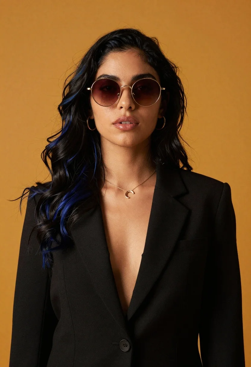 Studio portrait of woman in black blazer with gold sunglasses - AI generated image prompt sample