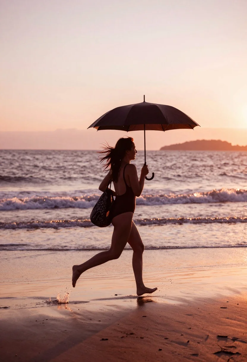 Woman running on wet sand beach under umbrella at golden hour - AI generated image prompt sample