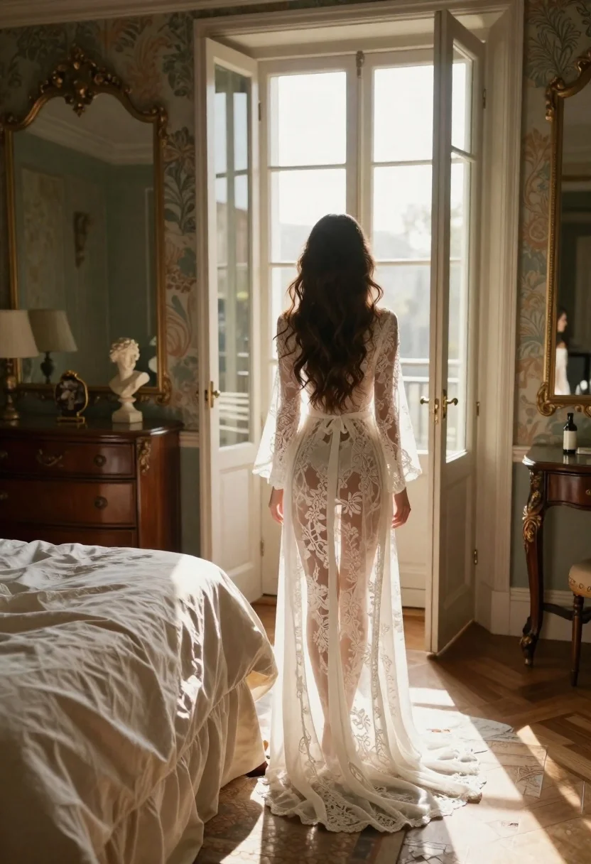 Woman in white robe standing in elegant bedroom morning light - AI generated image prompt sample