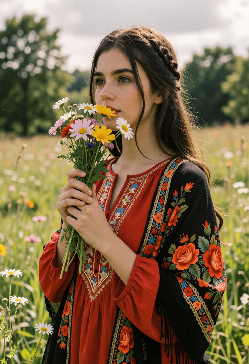 Young woman in red tunic holding wildflowers in a sunlit green meadow - AI generated image prompt sample