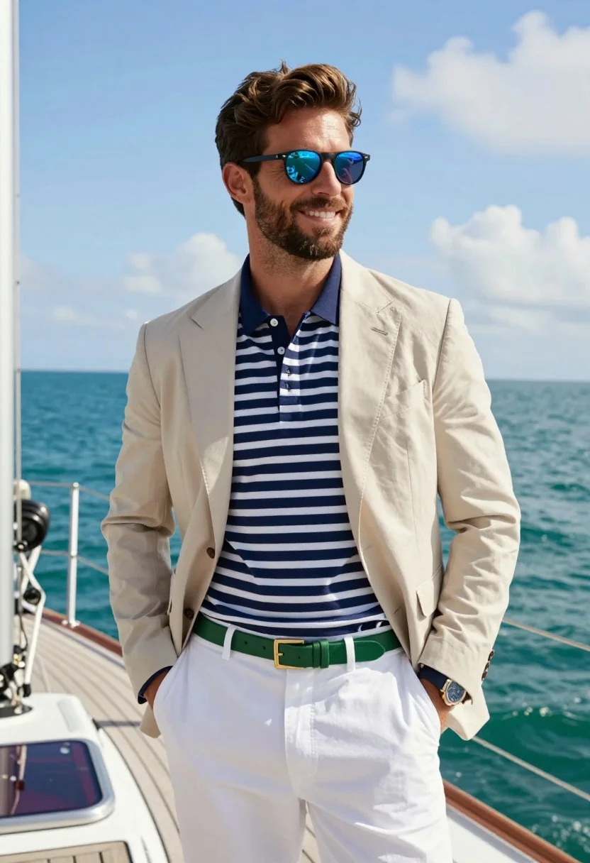 Handsome man in blazer standing on sailboat deck overlooking turquoise ocean - AI generated image prompt sample