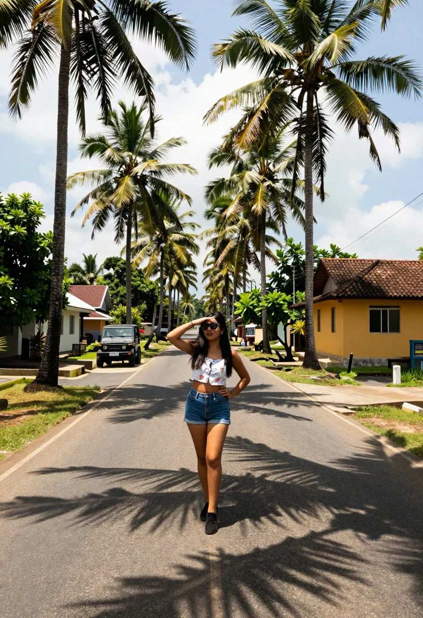Young woman posing on paved tropical road lined with palm trees - AI generated image prompt sample