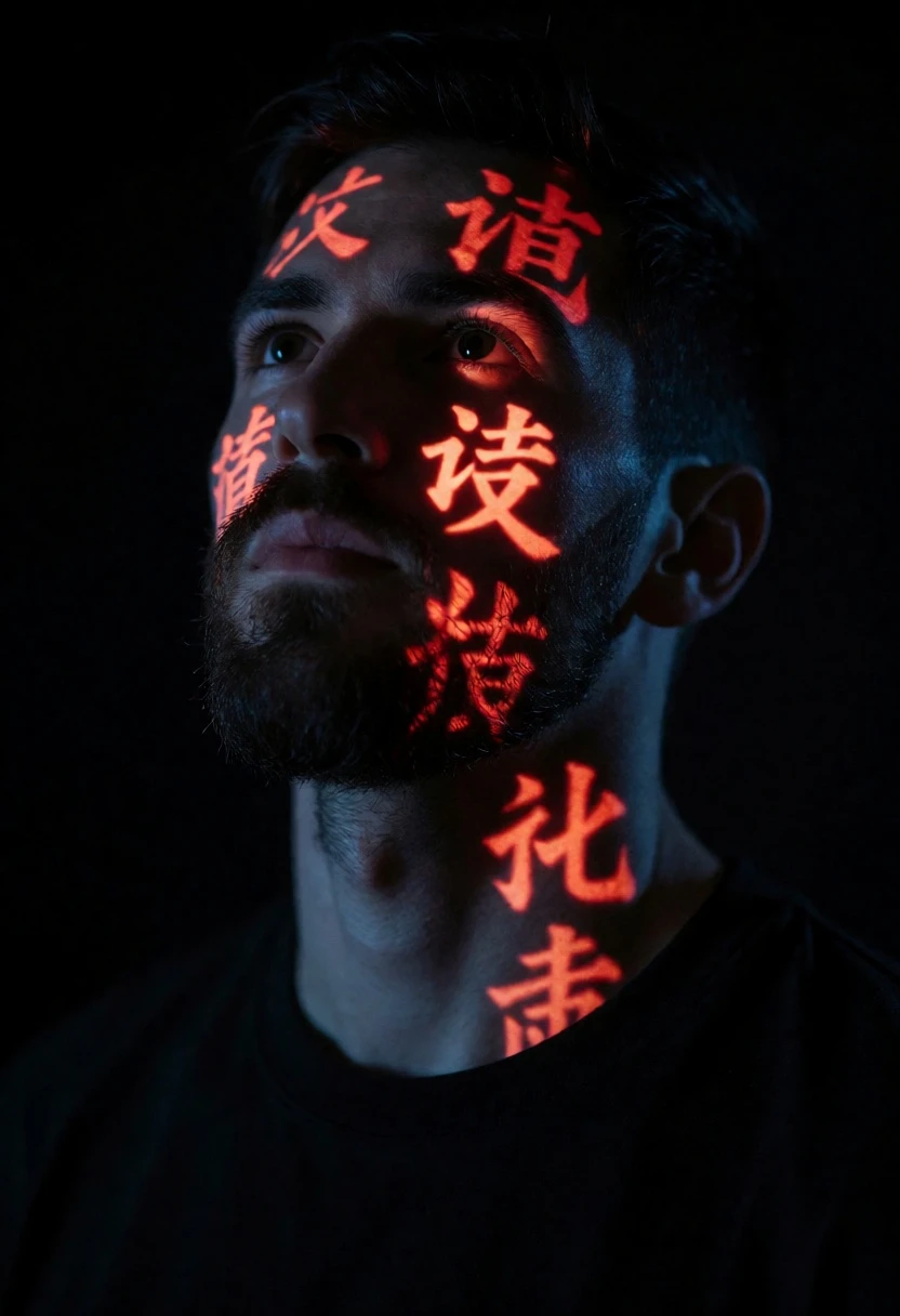 Close up portrait of man illuminated by glowing red characters in darkness - AI generated image prompt sample