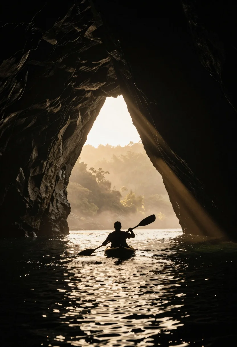 Silhouetted kayaker paddling through a massive cave opening at sunrise - AI generated image prompt sample