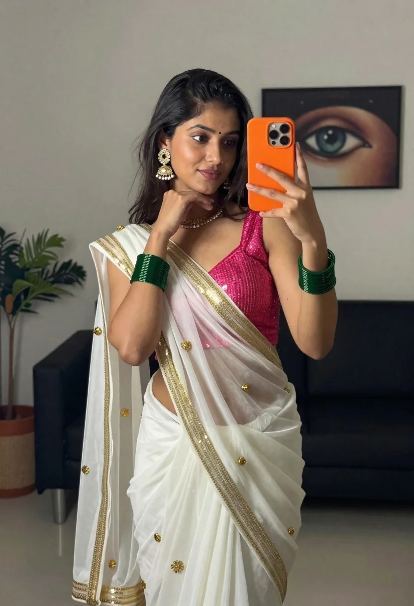 Young woman taking mirror selfie in white saree indoors