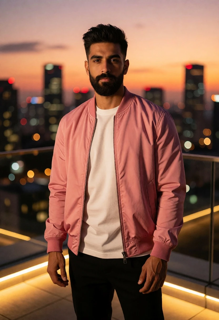 Man in pink bomber jacket on rooftop overlooking glowing city skyline at - AI generated image prompt sample