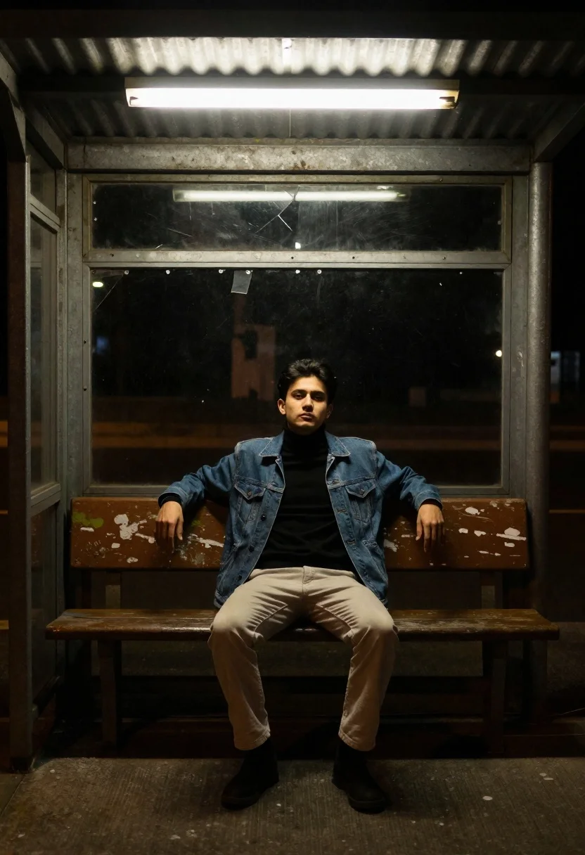 Young man in denim jacket sitting on bench in bus shelter - AI generated image prompt sample